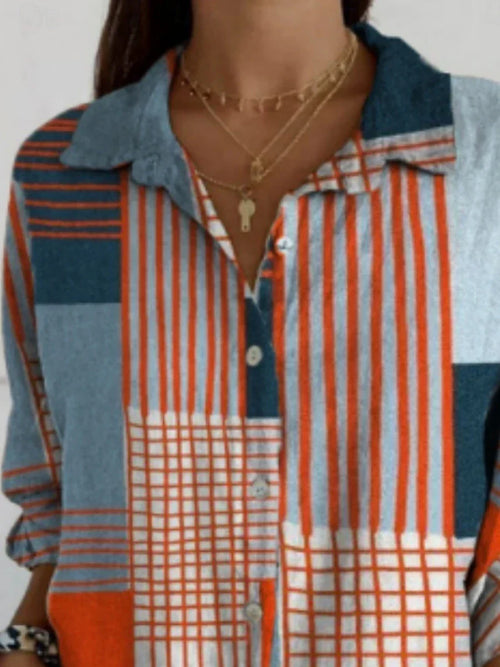 Women's Blouse Geometric Color Block Daily Stylish Long Sleeve Shirt Collar Regular Tops Daily Holiday Buttons Print Blue Summer